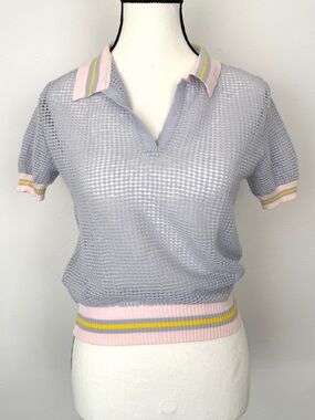 Blugirl Blumarine Italy Size Small Periwinkle Pink Open Knit Polo Sweater Top